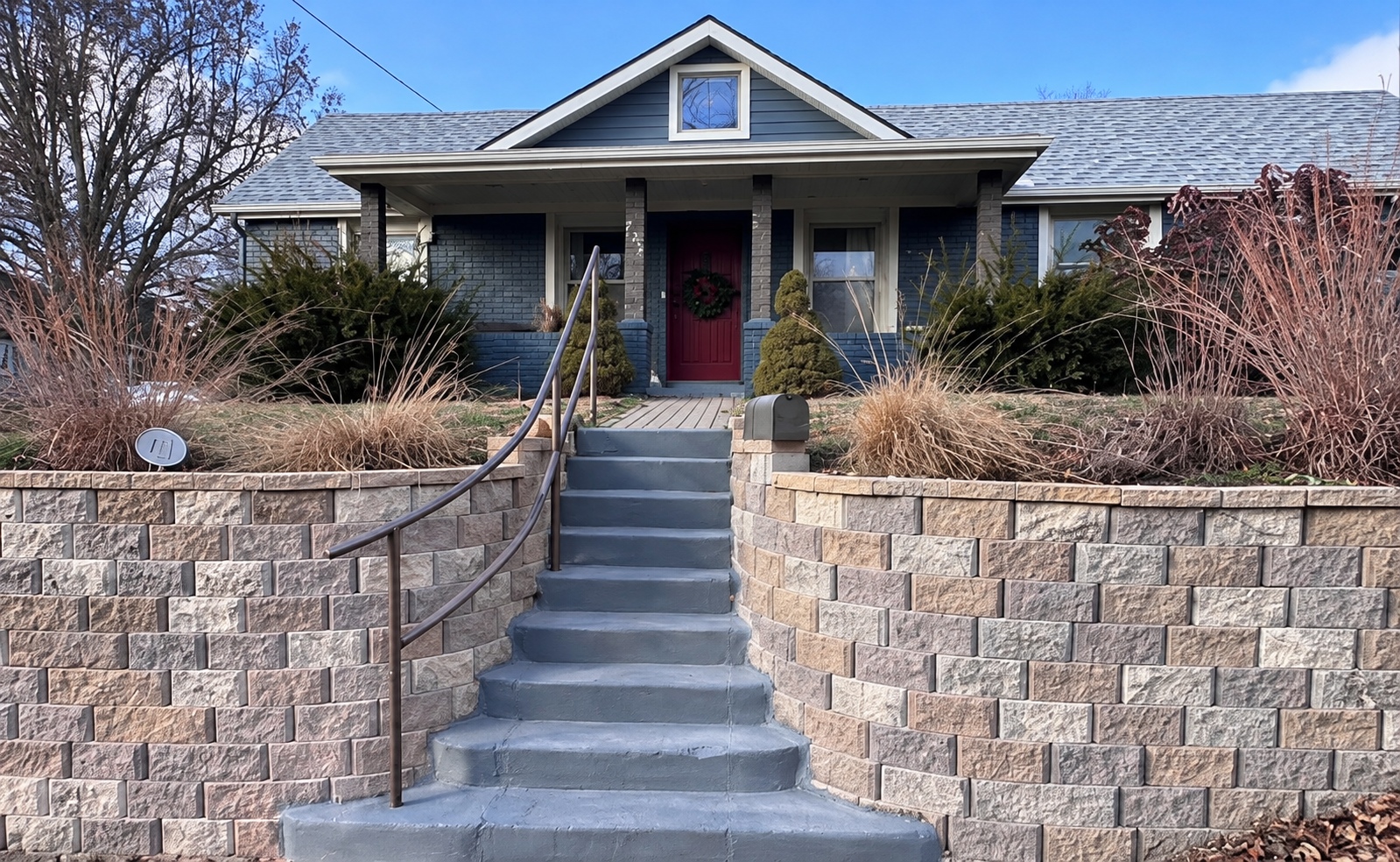 Front view of a finished residential stair handrail and home entry